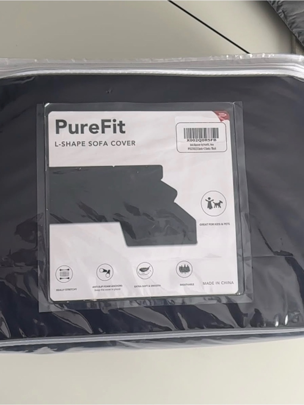 PureFit Black L-Shape Sofa Cover - Stretch Protective Slipcover